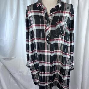 J.Jill Multi Colored Plaid Shirt Dress Black Pockets & Roll Back Sleeves Large P